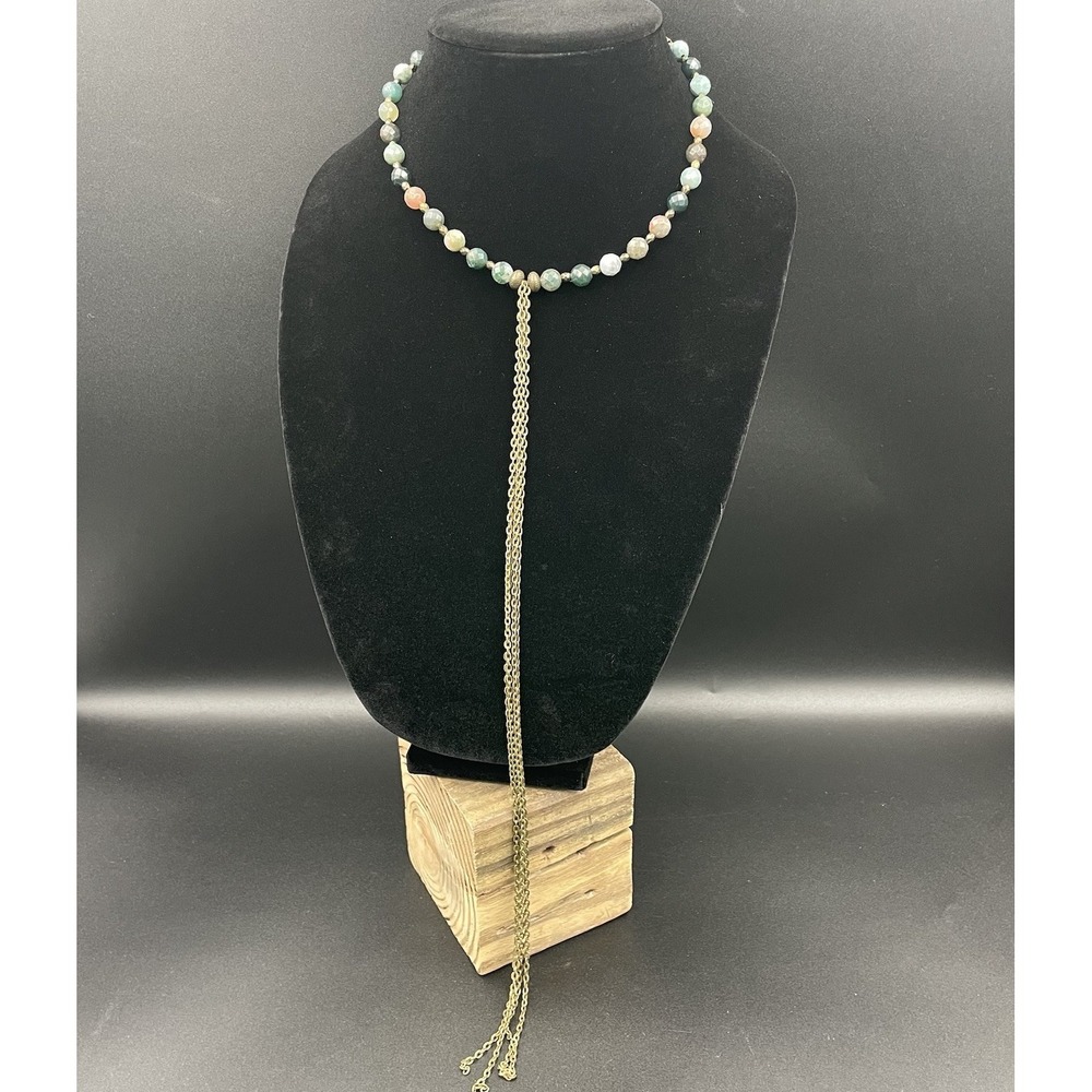 Multicolor Natural Stone Wired Choker Y-Necklace With 14" Long Gold Tone‎ Tassle